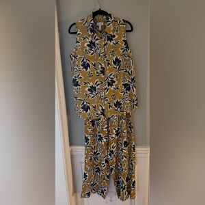 🌼 D&Co Linen Viscose Floral 2-Piece Set Size M | Button Down Top & Pants